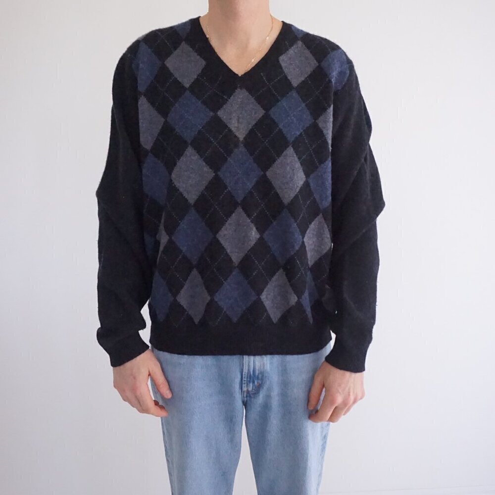 Vintage '90S Brooks Brothers Navy Argyle 100% Lambswool V-Neck Knit Sweater L